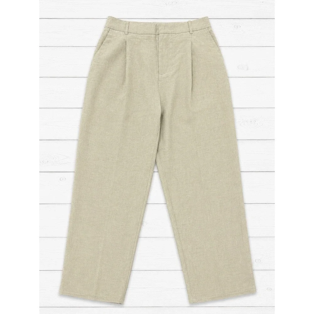 Zara Trousers High Waisted Pleated Linen Blend Gray Green Pants Summer Small